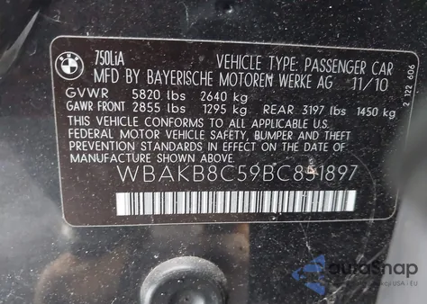 2011 BMW 750Li из США, поврежденный, VIN WBAKB8C59BC851897